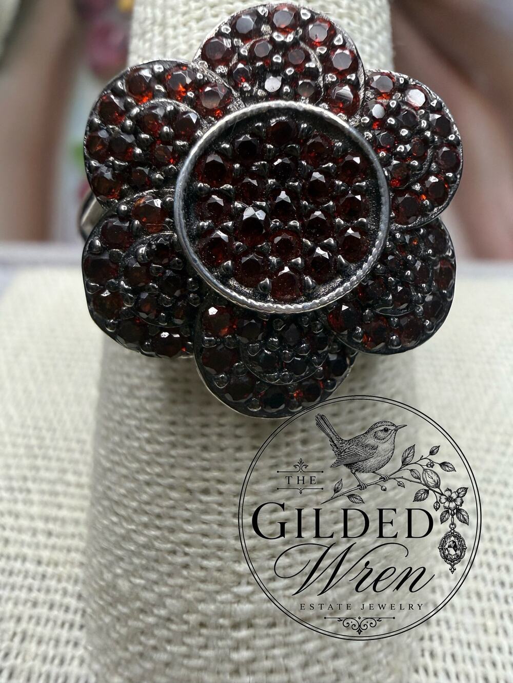 BBJ 925 Sterling Silver Garnet Pave Flower Ring Size 9 Statement Cocktail Ring